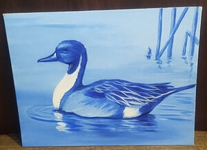 Vintage Acrylic Painting On Canvas Panel Duck Cobalt Blue & White 11 x 14”